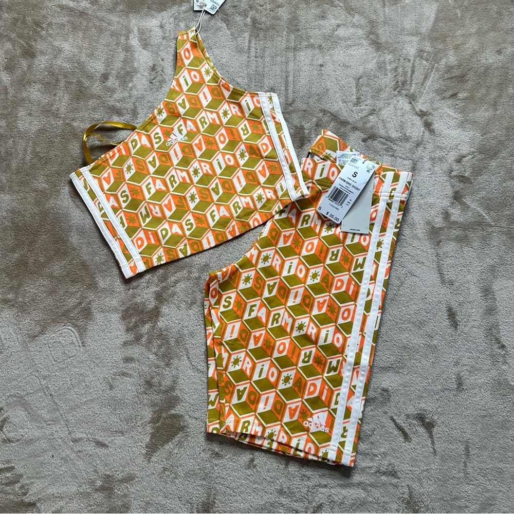 Farm Rio x Adidas Womens Orange and Green Patterned Set Top Xs Bottom Small